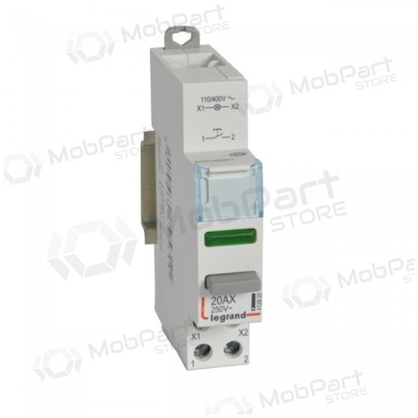 Mygtukas ant DIN bėgeliokanssa indikacijos lempute Legrand 412920 (20A 100V/1 x N0 kontaktas)