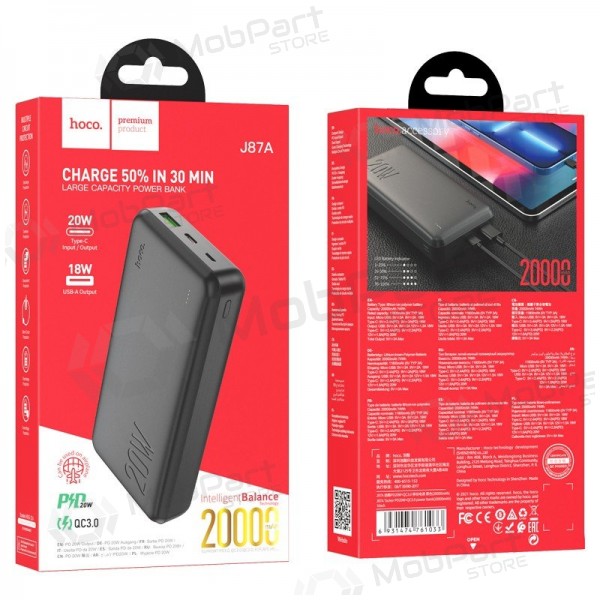 Ulkoinen paristo Power Bank Hoco J87A Type-C PD 20W+Quick Charge 3.0 20000mAh musta