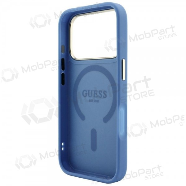 Apple iPhone 18 Pro kotelo - Guess PU Leather 4G Gold Frame Embossed MagSafe (sininen)