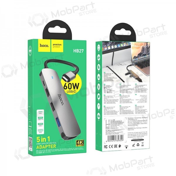 Sovitin Hoco HB27 Type-C Multi-Function Converter HDMI+USB3.0+USB2.0*2+PD harmaa
