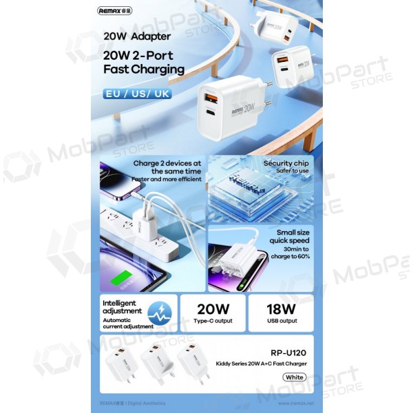 Puhelinlaturi Remax RP-U120 20 W USB-C + USB-A valkoinen
