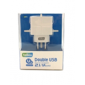 Laturi Tellos su USB (dual) (1A+2.1A) (valkoinen)