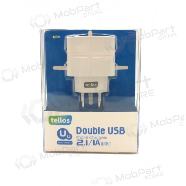 Laturi Tellos su USB (dual) (1A+2.1A) (valkoinen)