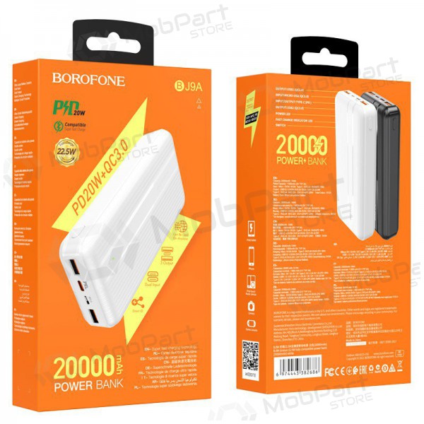 Ulkoinen paristo Power Bank Borofone BJ9A Type-C PD+Quick Charge 3.0 (3A) 20000mAh valkoinen
