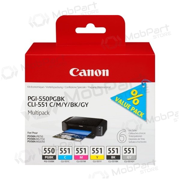Canon PGI-550/CLI-551 (6496B005) mustekasettisarja, PGBK/C/M/Y/BK/GY