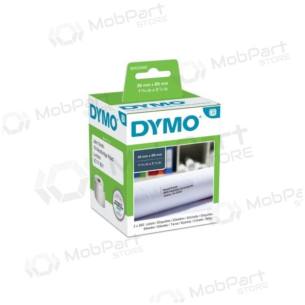 Dymo 99012 (S0722400) tarrat 36 x 89 mm, 2 rullaa x 260 tarraa, valkoinen